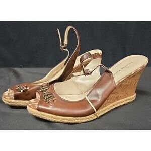 Etienne Aigner Brown Leather Cork Wedge Slingback Sandals Size 9.5
